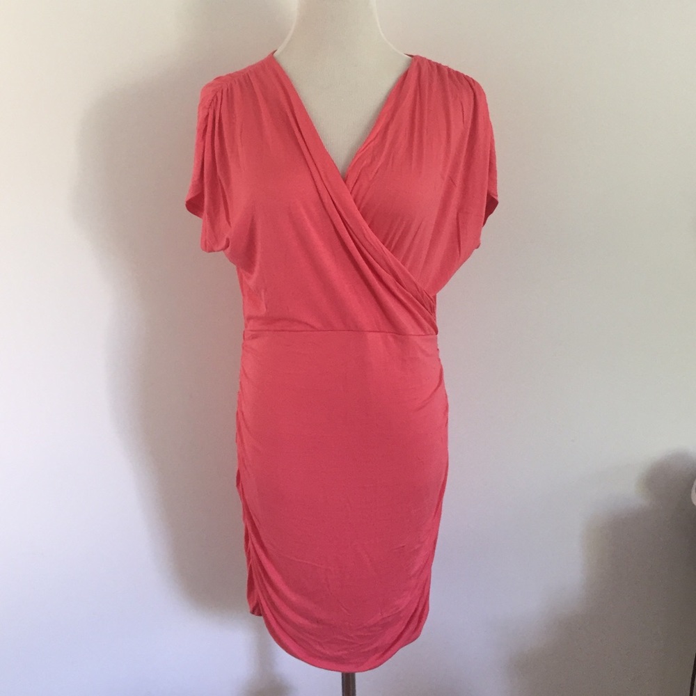 Kimono Style Cap Sleeve Coral Pink Dress - Picture 2 of 7